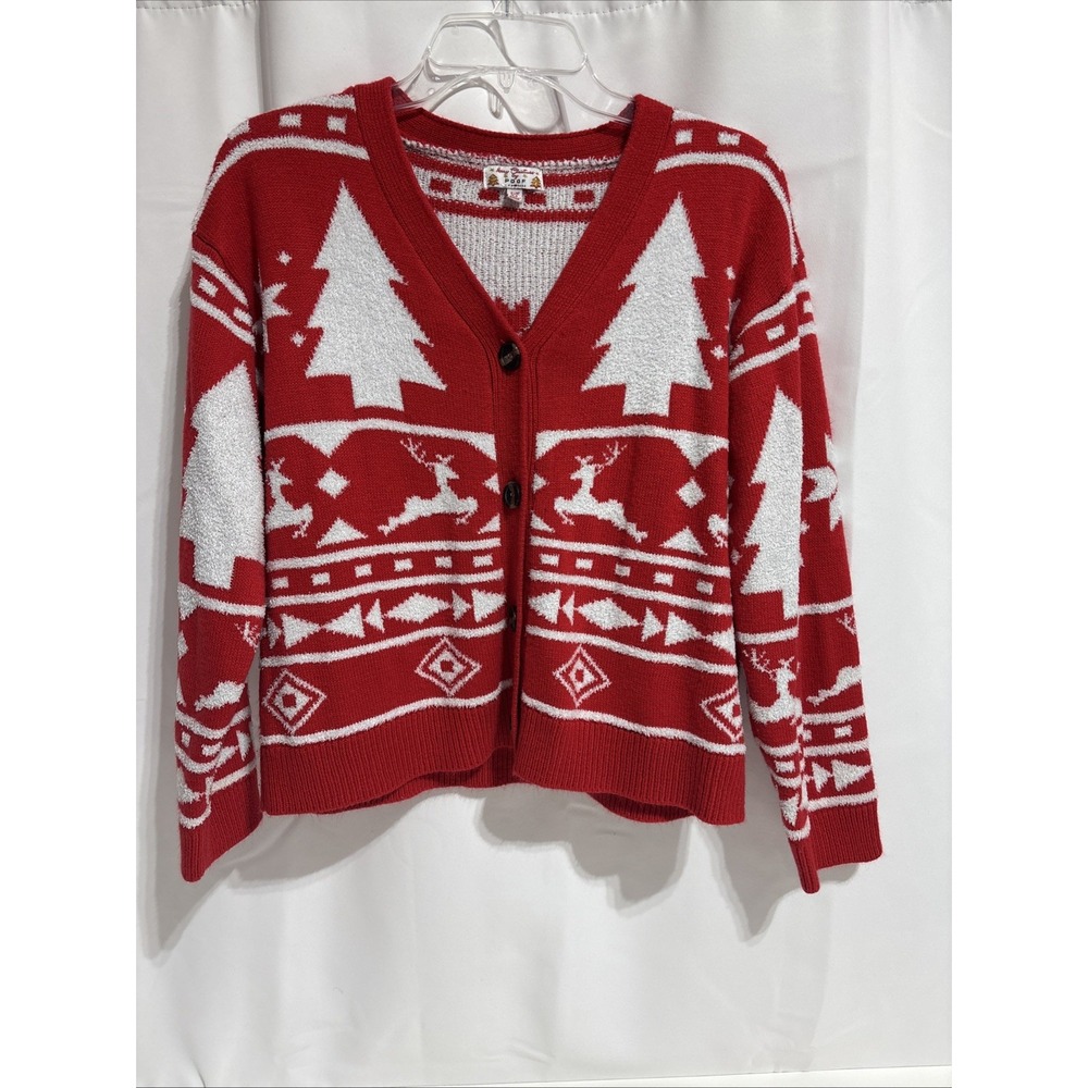 Poof Christmas Cardigan Sweater Womens M Red White V Neck Knit‎ Reindeer